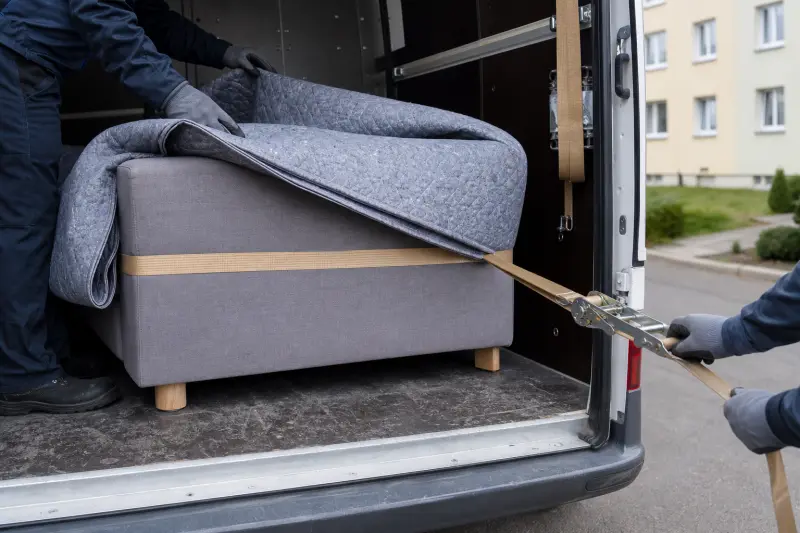 Kanapa zabezpieczana kocami transportowymi i pasem w przestrzeni ładunkowej