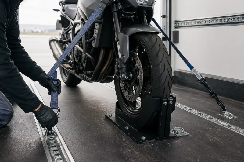 Przednie koło motocykla w uchwycie oraz pasy mocujące w przestrzeni transportowej