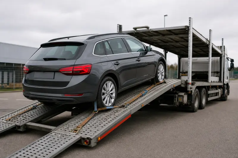 Samochód osobowy ustawiony na platformie autotransportera podczas załadunku